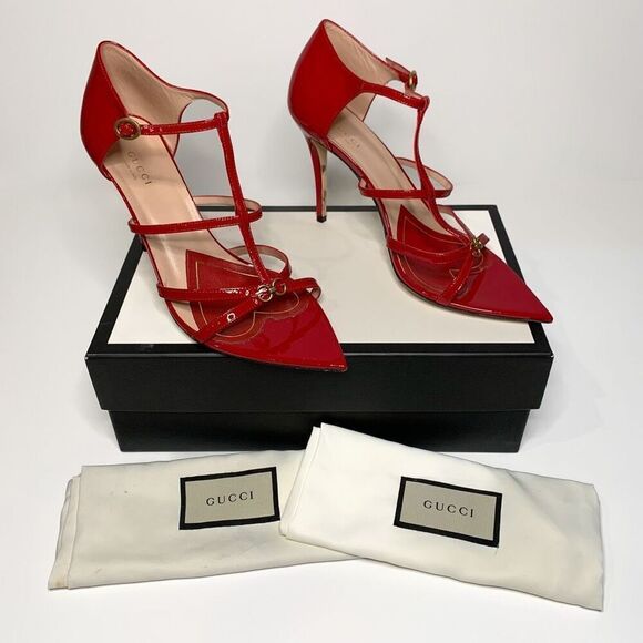 Gucci Shoes - Gucci Double G Patent Leather High Heel Sandals EU 39.5 US 9.5 Strappy Red Pumps